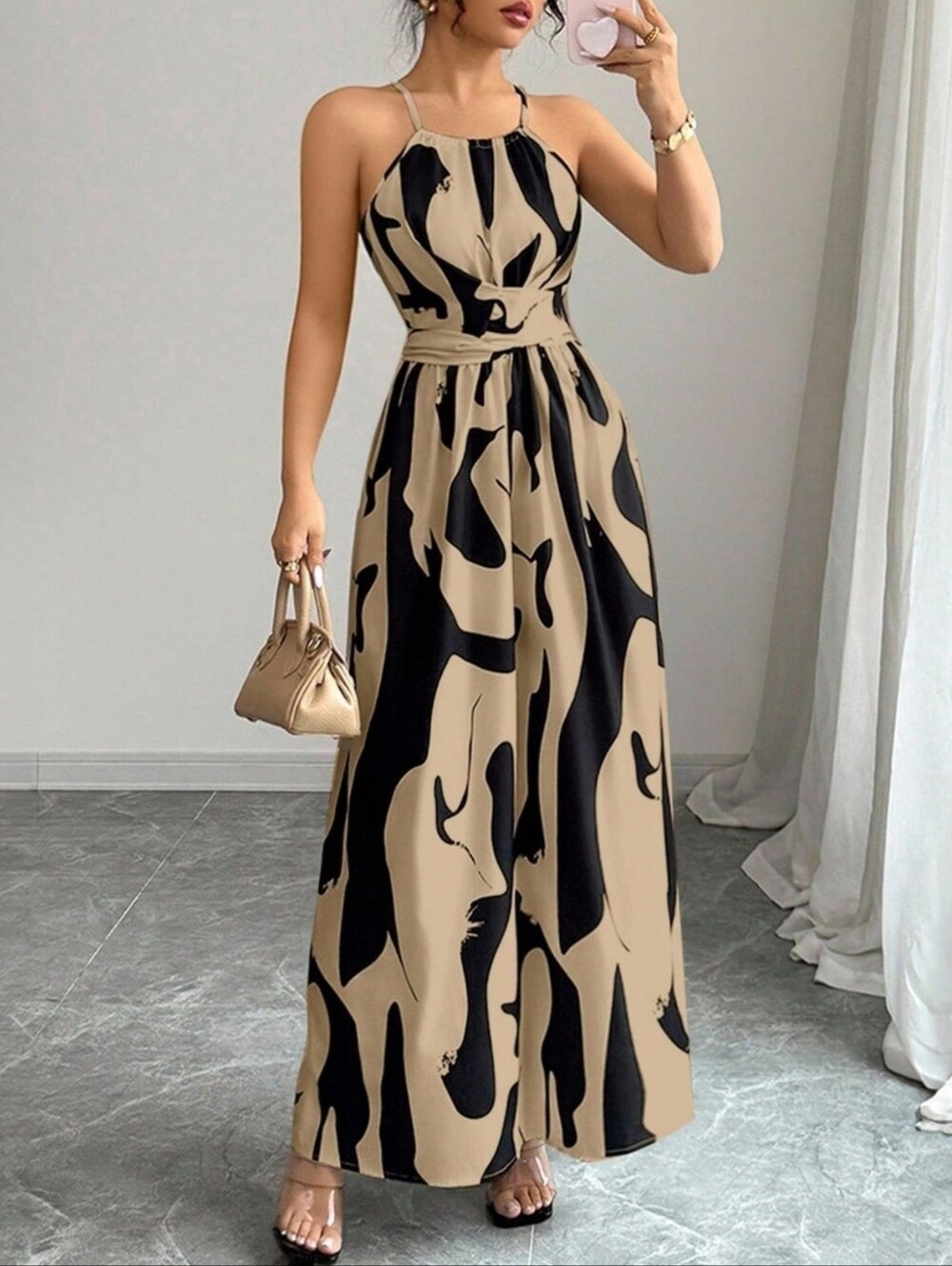 Sleeveless Abstract Print Halter Neck Maxi Dress in Beige and Black